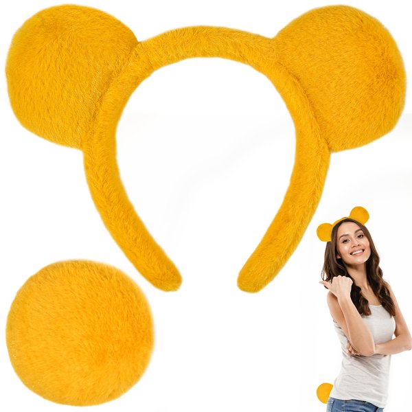 U-Goforst Yellow Bear Ears Headband and Tail, Bear Ear Headband for Women, Yellow Ears Headbands for Halloween Costume Accessories Set