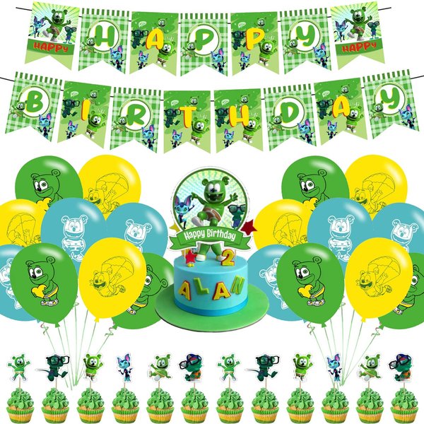 Bear Birthday Party Decorations, Cartoon Gummy Bear Theme Party Supplies set with Happy Birthday Banner,Cake Cupcake Toppers,Balloons for Fans Adults Party Favors