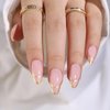 Gold Double French Tips Press on Nails Medium Almond Fake Nails French Nails Oval Shaped False Nails with Gold Stripes Designs Acrylic Nails French Tip Nails Glossy Glue on Nails for Women Girls