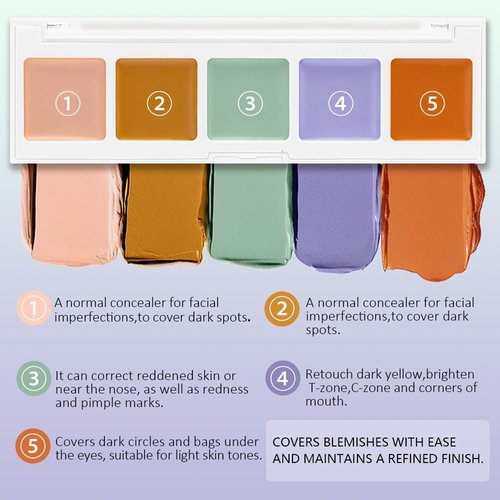 5 Colors Magic Touch Correcting Concealer Palette for Acne Marks, Spots, Tear Troughs, Dark Circles,Lightweight, Long-lasting, Waterproof (02#, 1 Count)