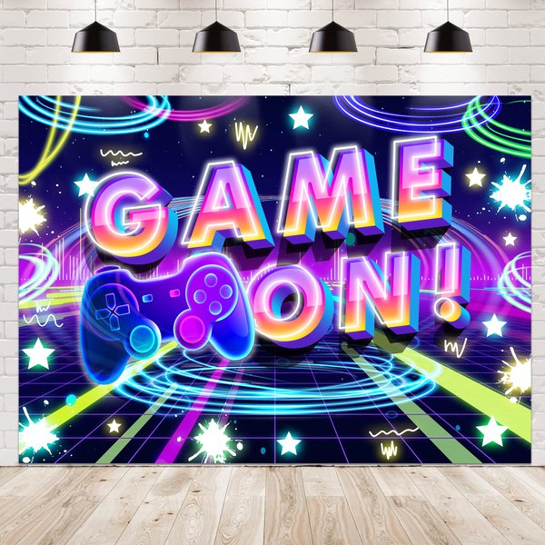 Newsely Neon Party Supplies Game On Backdrop 7Wx5H Photography Glow Gamer Gaming Game Night Controller Gamepad Graffiti Background for Kids Boys Playroom Party Decorations Banner Photo Props Birthday