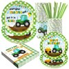 Tractor Party Supplies Decorations, Disposable Kids Birthday Paper Plates and Napkins Set with Cups and Straws for 24 Guests, 120 Pcs Party Dessert Dinnerware