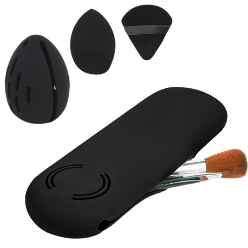 Azmoncy Silicone Makeup Brush Holder and Makeup Sponge Holder Set, Blender Case Organizer, Powder Puff Case with Sponge & Brushes for Travelling(Black 7 Pcs)