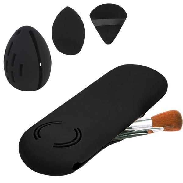 Azmoncy Silicone Makeup Brush Holder and Makeup Sponge Holder Set, Blender Case Organizer, Powder Puff Case with Sponge & Brushes for Travelling(Black 7 Pcs)