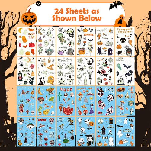 Yobbai Luminous Temporary Tattoos For Kids, 300 Patterns (24 Sheets) Glow In The Dark Tattoos for Kids, Ghosts Bat Death Pumpkins Fake Tattoo Stickers for Halloween, Glow Party Supplies