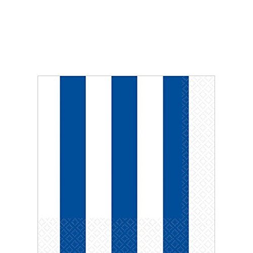 Amscan Decorative Royal Striped Party Beverage Paper Napkins (16 Pack), 5 x 5", Blue