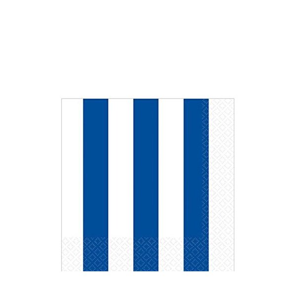 Amscan Decorative Royal Striped Party Beverage Paper Napkins (16 Pack), 5 x 5", Blue