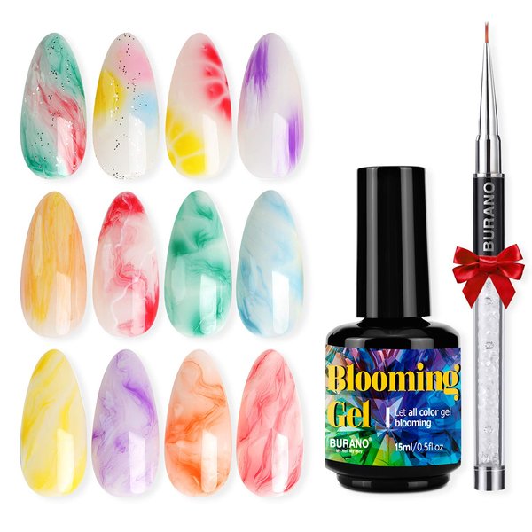 BURANO Nail Blooming Gel – UV LED Clear Blooming Gel Nail Polish for Spreading Effect 15ml 0.5 Floz with Nail Brush (blooming clear)