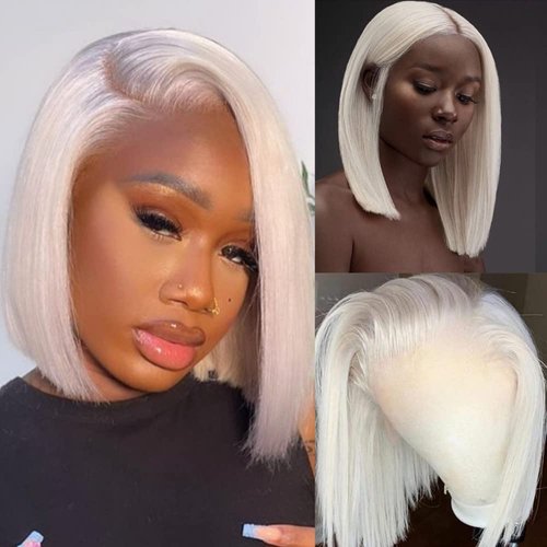 FENJUN Wear and Go Glueless Wigs HD Transparent Lace Frontal #60 Grey White Platinum Blonde Wigs Human Hair Short Bob Lace Front Wigs with Baby Hair Pre plucked Frontal 10 Inch Straight Wigs for Women