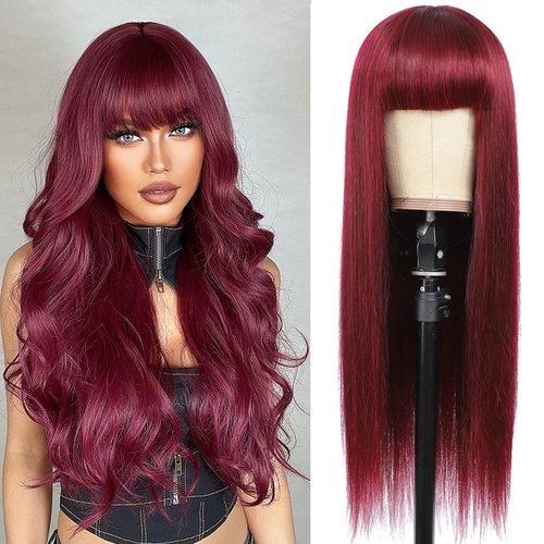 seelaak Hair Burgundy Straight Human Hair Machine Made Wigs with Bangs Mongolian Remy Hair Glueless None Lace Front Human Hair Wigs Red for Women 99J Color 150% Density (26 inch)