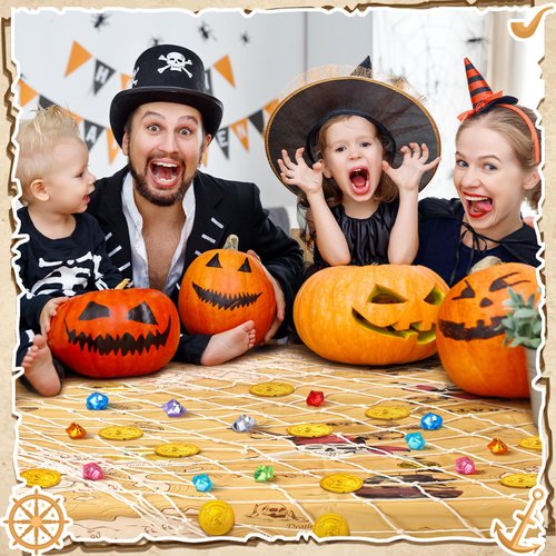 Hahafelt 76 Pcs Pirate Party Tablecloth Treasure Map and Pirate Gold Coins and Pirate Gems Table Cover Plastic Island Treasure Pirate Nautical Party Supplies for Treasure Theme Birthday Party Decor