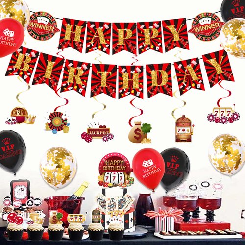 Chilfamy Casino Party Decorations, Las Vegas Theme Party Supplies with Casino Birthday Banner, Hanging Swirl Decors, Cake Toppers, Balloons for Men Women Poker Game Night Party