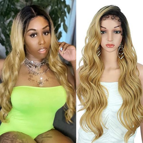 Kalyss 4x4" Lace Front Wigs with Baby Hairs Lightweight Natural Looking 130% Density Curly Body Wavy Ombre Blonde Frontal Lace Hair Wigs for Women Human Hair Blended with Baby Hairs 28" Free Parting