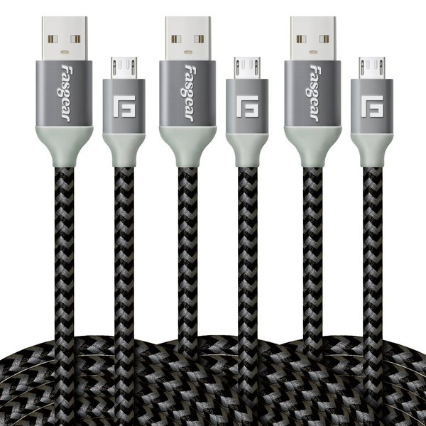 Fasgear Micro USB Cable 10 ft, 3 Pack Fast Charging Micro USB 2.0 High Speed Data Sync Nylon Braided Android Smartphone Charger Compatible for S7 Edge/Note 5,MP3,PS4, Kindle(Black)