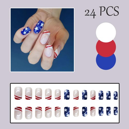 24Pcs 4th of July Press on Nails Short Square Fake Nails American Flag French Tip Design Stick on Nails Full Cover Patriotic Day Acrylic Artificial Nails Independence Day Glue on Nails for Women Girls