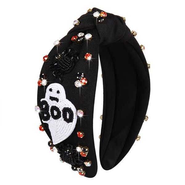 boderier Halloween Headband Beaded BOO Ghost Spider Knotted Headband Pearl Crystal Embellished Wide Headband Hair Accessories (BOO Ghost)