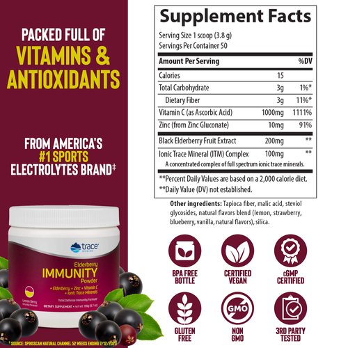 Trace Minerals | Elderberry Immunity Powder - Elderberry, Zinc, Vitamin C, Ionic Trace Minerals | Healthy Immune System | Non-GMO, Gluten Free, Certified Vegan | 6.7 oz