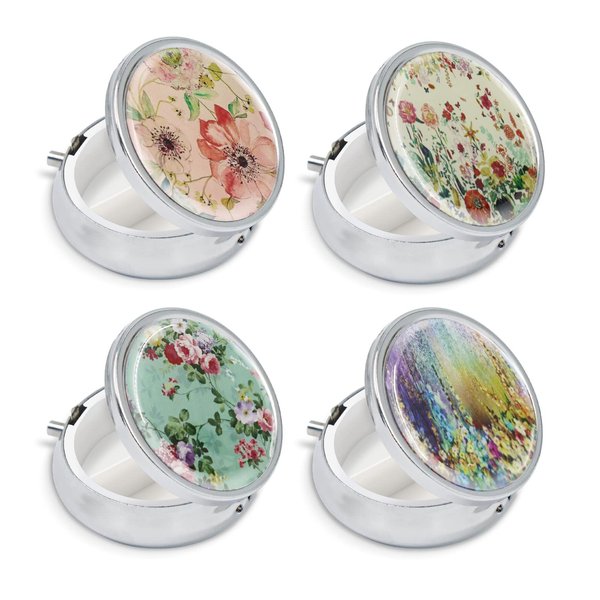 Modixun 4 Pack Elegant Small Pill Box, 3 Compartments Pill Case for Purse Pocket with Mirror, Metal Travel Portable Medicine Tablet Vitamin Holder Organizer Container, Style A