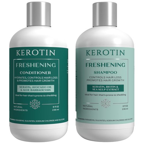 Kerotin Hair Growth Shampoo and Conditioner Set, Products for Scalp Care, Hair Loss & Thinning Hair with Rosemary Oil, Biotin & Keratin, Curly Girl Method Verified, Natural, Sulfate Free, Made in USA