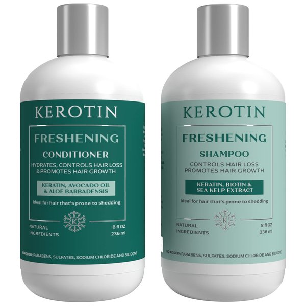 Kerotin Hair Growth Shampoo and Conditioner Set, Products for Scalp Care, Hair Loss & Thinning Hair with Rosemary Oil, Biotin & Keratin, Curly Girl Method Verified, Natural, Sulfate Free, Made in USA