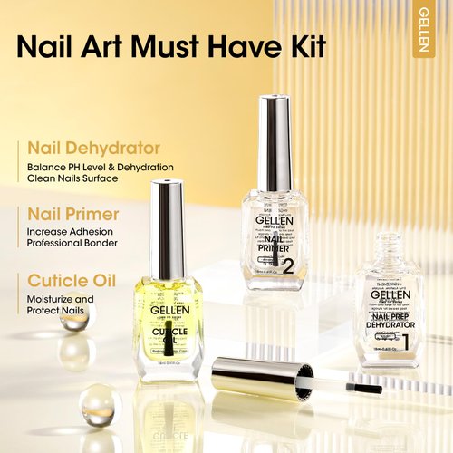 Gellen Nail Dehydrator and Primer and Cuticle Oil, 18 ML Acid-Free Nail Prep Dehydrator Primer Base Varnish Manicure Bonder Liquid for Gel Nail Polish Acrylic Salon Nail Essential Beauty Gift Set