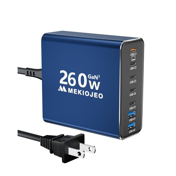 Aluminum Alloy USB C Charger 260W GaN Charger Fast USB C Charging Station 7 Ports 65W Laptop Charger for MacBook Pro/Air/iPad Pro/iPhone (Blue)