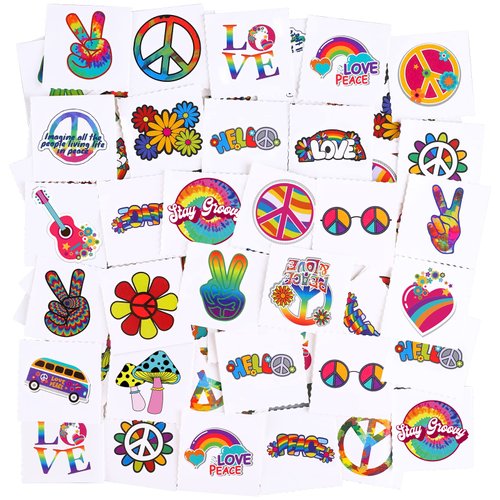 ADXCO 144 Pieces Hippie Tattoos Stickers Hippie Assorted Groovy Hippie Temporary Tattoos Waterproof Love and Peace Sign Hippie Tattoos Hippie Theme Party Tattoos for Hippie Party Favors