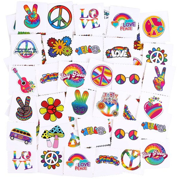 ADXCO 144 Pieces Hippie Tattoos Stickers Hippie Assorted Groovy Hippie Temporary Tattoos Waterproof Love and Peace Sign Hippie Tattoos Hippie Theme Party Tattoos for Hippie Party Favors