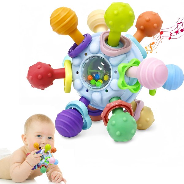 Baby Teething Toys Teethers for Babies 0-6 Months Infant Baby Girl Toys Gifts for 0 3 6 9 12 Months, Newborn Rattles Chew Toys Sensory Learning Montessori Toys for Babies 6-12 Months -Blue