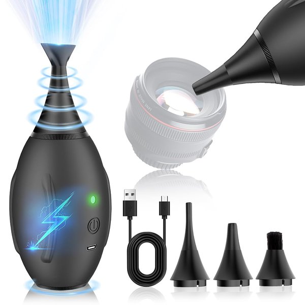LYNCA Electric Air Blower Kit, with 4 Soft Tip Silicone Replacable Nozzles, Mechanism Dust Blower and Vacuum Cleaner, Professional Air Blaster for Camera Sensor CCD CMOS, Lenses-Black