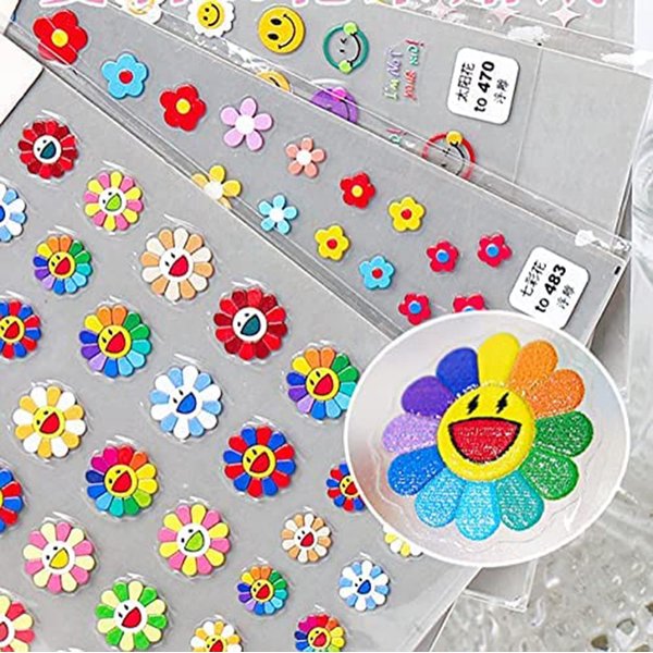 New Sunflower Nail Art Sticker Decals 5D Embossed, Summer Sun Happy Flower Rainbow Nail Art Decoration Sticker (3 Sheets)