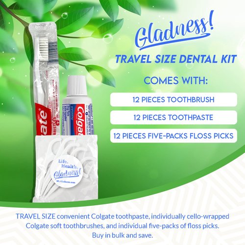 Colgate Travel Size Cavity Protection Toothpaste .85 Oz and Colgate Soft Toothbrush Bundle with Gladness! 5-Pack Floss Picks TSA Approved Size Bulk (12 Count)