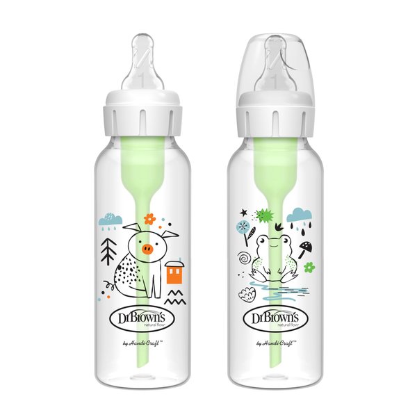 Dr. Brown's Natural Flow Anti-Colic Options+ Narrow Baby Bottle, Pig & Frog, 8 oz/250 mL, with Level 1 Slow Flow Nipple, BPA Free, 0m+, 2-Pack