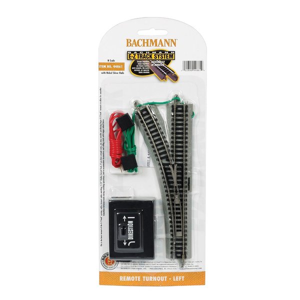 Bachmann Trains - Snap-Fit E-Z TRACK REMOTE TURNOUT - LEFT (1/card) - NICKEL SILVER Rail With Grey Roadbed - N Scale