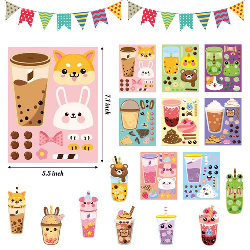 ANGOLIO 40Pcs Make A Face Boba Tea Stickers Make Your Own Milk Tea Stickers Mix and Match Sweets and Boba Tea Party Favor Supplies for Kids Ice Cream Sticker Games Birthday DIY Art Crafts