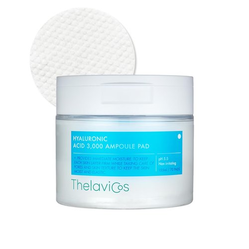 ThelaviCos Hyaluronic Acid 3,000 Ampoule Pad | Intense moisturizing Hydrating Toner pad mask, Skin Firming Elasticity & Pore Tightening Treatment | Korean Skincare for Sensitive Skin (70 Pads)