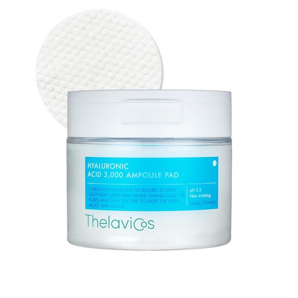 ThelaviCos Hyaluronic Acid 3,000 Ampoule Pad | Intense moisturizing Hydrating Toner pad mask, Skin Firming Elasticity & Pore Tightening Treatment | Korean Skincare for Sensitive Skin (70 Pads)