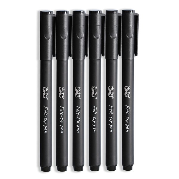 Mr. Pen- Pens, Felt Tip Pens, Black Pens, Pack of 6, Fast Dry, No Smear, Fine Point Pens Black, Black Felt Tip Pens, Bible Journaling Pens, Felt Pens, Planner Markers, Pens for Journaling