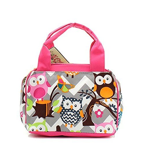 Owl Chevron Stripe Small Insulated Lunch Tote Bag (PINK)