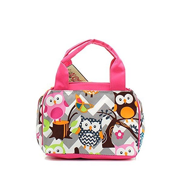 Owl Chevron Stripe Small Insulated Lunch Tote Bag (PINK)