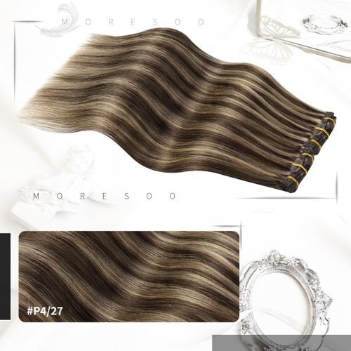 Moresoo Human Hair Clip in Extensions Brown Highlight Double Weft Clip in Hair Extensions Dark Brown with Caramel Blonde Hair Extensions Clip in Human Hair 14 Inch 5pcs 70g