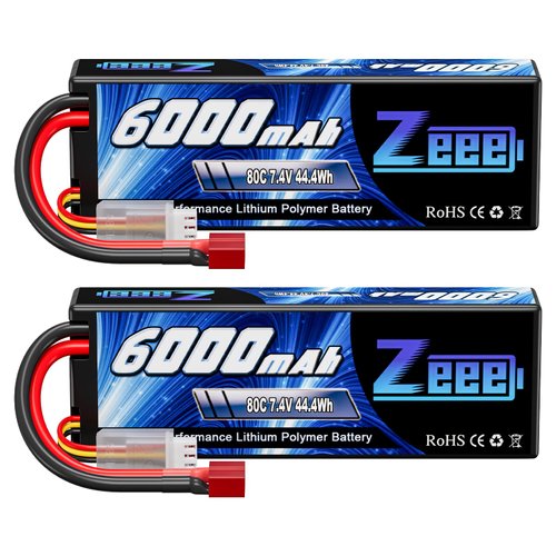 Zeee 2S Lipo Battery 6000mAh 80C 7.4V Hard Case RC Battery with Deans Connector for 1/8 Scale RC Car RC Airplane RC Helicopter RC Boat (2 Pack)
