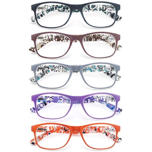 OLOMEE Reading Glasses Women +2.00 Floral Print Square Women's Readers Cheaters Glasses 5 Pack W/Spring Hinge Lightweight Comfortable Fit