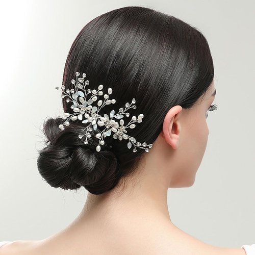 CASOLVX Crystal Wedding Hair Comb Pearl Crystal Hair Piece Bride Side Comb Hair Accessories for Women and Bride Handmade Jewelry(Silver)