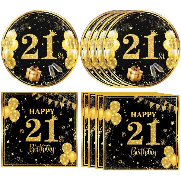 40 PCS 21st Birthday Decorations for Him Black Gold Cheers to 21 Years Tableware Decorations 21st Birthday Plates Napkins for Men Women 21 Years Old Birthday Party Supplies