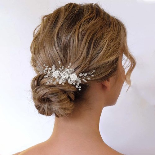 CASOLVX Bridal Pearl Hair Comb Silver Handmade flower edging wedding bridal hair accessories for bridal and bridesmaid