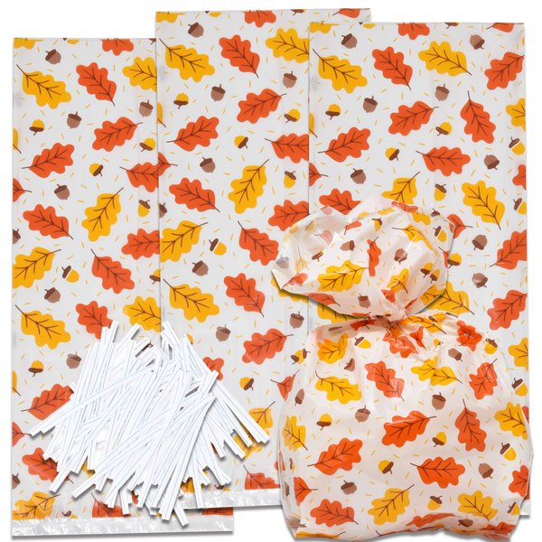 Gift Boutique 100 Thanksgiving Cellophane Bag Plastic Fall Leaves Treat Favor Bags Autumn Harvest Themed Birthday Party Supplies Decorations for Kids Classroom Reward, Carnival Candy Goodies Grab Bag