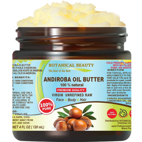 Botanical Beauty' ANDIROBA OIL BUTTER RAW Pure Natural VIRGIN UNREFINED Cold-Pressed 4 Fl oz 120 ml for Face, Skin, Body, Hair, Lip, Nails. Rich in Vitamin E, Vitamin C