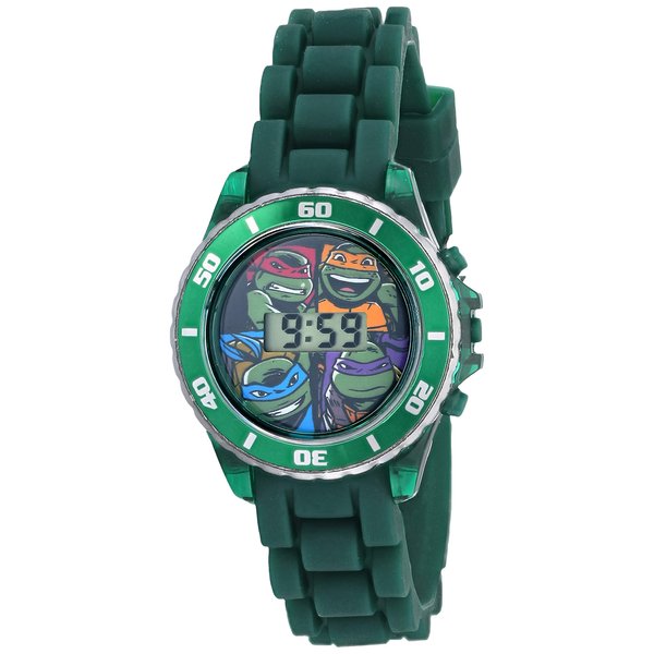 Ninja Turtles Kids' Digital Watch with Green Bezel, LED Lights, Green Strap - With Ninja Turtles on Dial, Safe for Children