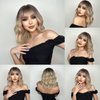 Doremiy Ombre Brown Blonde Short Bob Wavy Wig with Bangs Natural Shoulder Length Wigs for Women Synthetic Wigs for Daily Cosplay
